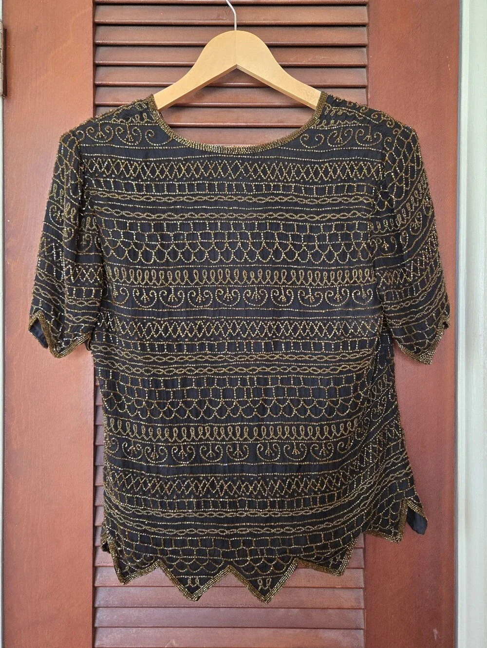 NWT Vintage Laurence Kazar Black Silk Amber Orange Bead Top S